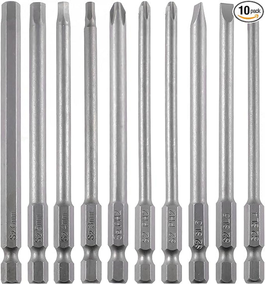 3-in-1 Assorted Long Screwdriver Bit Set Hex Slotted Phillips 10PCS 1/4 Inch Hex Shank 4 Inch/100 mm S2 Steel with Magnetic for Power Screwdriver Drill Impact Driver