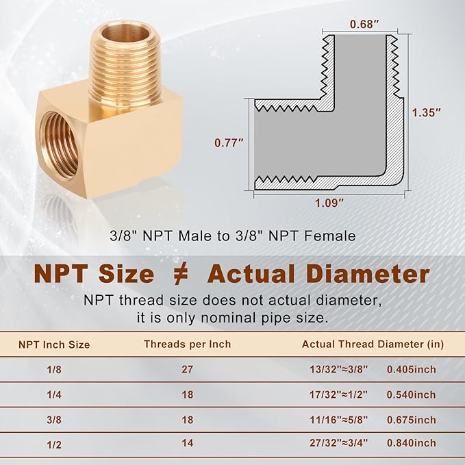 2pcs 3/8” Brass Fittings 90 Degree Barstock Street Elbow 3/8" NPT Male Pipe to 3/8" NPT Female Pipe 3/8 NPT Elbow Forged Brass Pipe Fittings