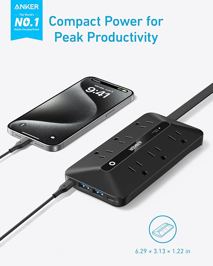 Anker Flat Plug Power Strip 300J, USB C Power Strip, 10-in-1 Ultra Thin Power Strip with 6 AC, 2 USB A and 2 USB C Ports,5feet Extension Cord, Desk Charging Station,Home Office College Dorm - Black
