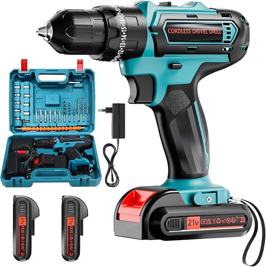 21V Cordless Drill with 2-Battery and Charger, Electric drill Set, Power Drill Cordless with 3/8 Inch Keyless Chuck, 25+ 3 Clutch,Work Light, Max torque 45Nm, 2-Variable Speed