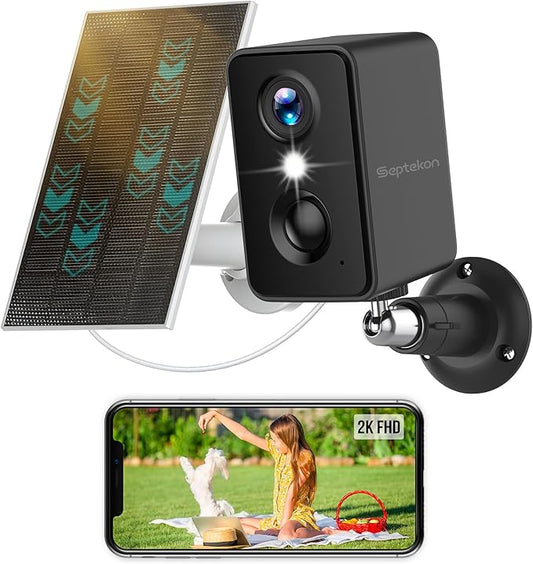 Septekon 2K Security Cameras Wireless Outdoor, Solar Camera for Home Security, Battery Powered Camera with Two Spotlights, PIR Motion Detection Siren, Color Night Vision, 2-Way Audio, IP66, Black