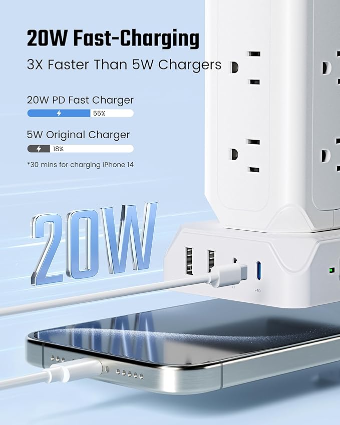 Power Strip Tower, SUPERDANNY 12 Outlets with 35W USB(2 USB-A & 2 USB-C) Charging Station, 1625W/13A, 1700J Surge Protector, 15ft Flat Plug Extension Cord with Multiple Outlets for Home, Office, Dorm