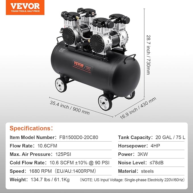 VEVOR Air Compressor, 20 Gallon Steel Tank, 4HP 10.6 CFM@90 PSI Oil Free Air Compressor & Max. 125PSI Pressure, 78dB Ultra Quiet Compressor for Auto Repair, Tire Inflation, Spray Painting (220V 60Hz)