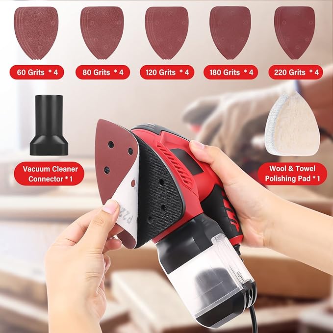 Sander, 200W Compact Electric Sander with 20Pcs Sandpapers & 2Pcs Polishing Pads, 14000 RPM, Hand Sanders with Efficient Dust Collection System for Wood,Woodworking,Sanding Works in Home