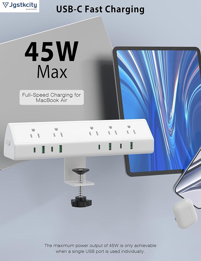 45W Fast Charging Station,Desk Clamp Power Strip,4 PD USB-C Ports,5 AC Outlets,Surge Protector Power Strip, 14AWG Heavy Duty Cord, Fits 1.9" Tabletop Edge (White, 6 FT Cable)