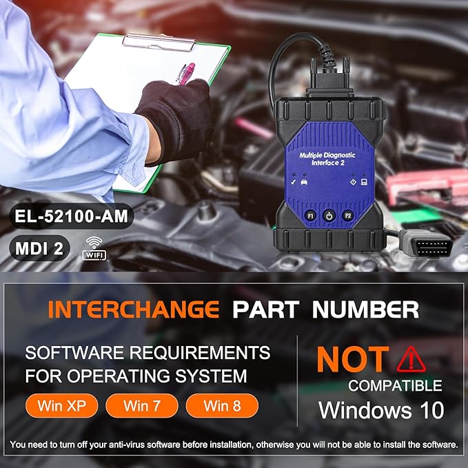 EL-52100-AM MDI2 Multiple Diagnostic Interface Scanner,EL-52100-AM Multiple Diagnostic Interface 2 Kit WiFi Version with OBD2 USB Version 2.0 for DLC Cable Plug，NOT Compatible Windows 10.