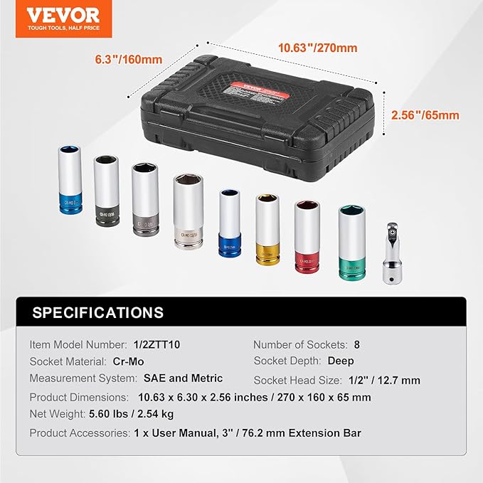 VEVOR Lug Nut Impact Socket Set - 8 Lug Nut Sizes 1/2 inch Drive Metric and SAE 6-Point Deep Socket CR-MO Steel Wheel Socket Set with Storage Case and Extension Bar for Auto Repair