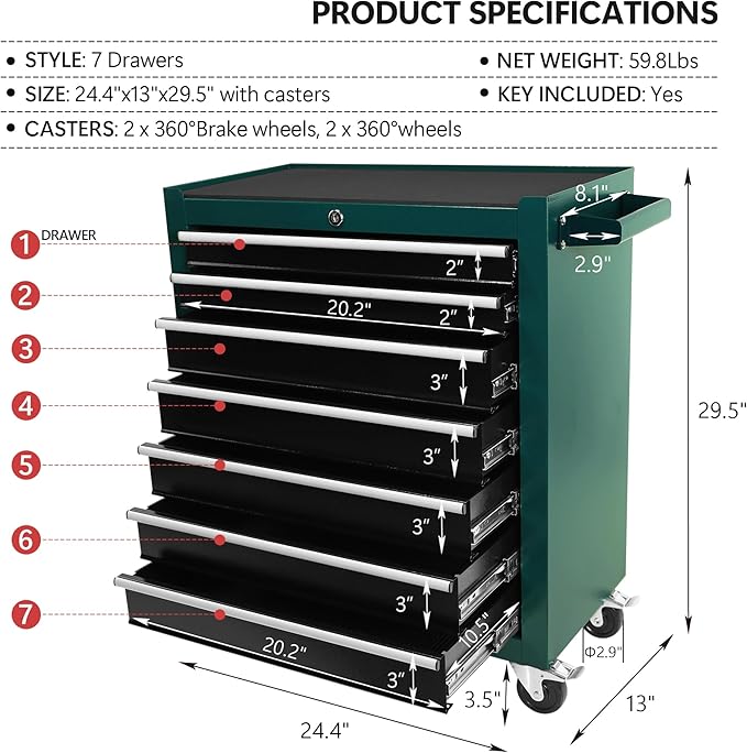 7 Drawer Metal Tool Chest 30 inch,Tool Cart On Wheels with Wheels,Mechanic Tool Cart with Lock and Toolboxes Trays for Garage Tool Storage Cabinet,Green