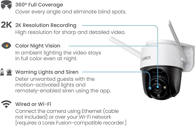 Lorex 2K Pan-Tilt Indoor/Outdoor WiFi Security Camera - Home Security Camera with 360 View Auto-Tracking, Color Night Vision, Person Detection, and Warning - Free 32GB Micro SD Card (2K White)
