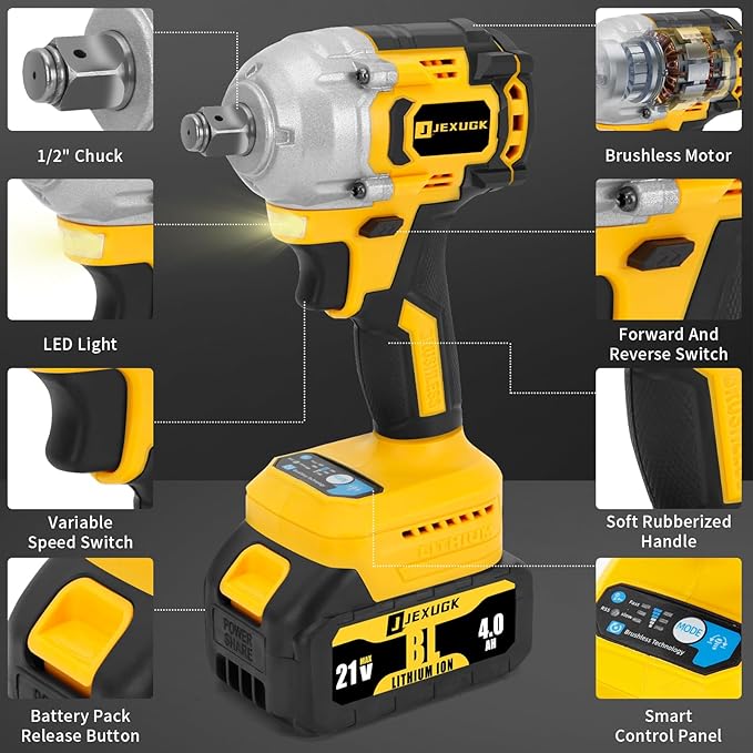 21V Compact Cordless Impact Wrench Set, 1/2" 450Ft-lbs (600Nm) Power Impact Gun Kit, Brushless 3600RPM, 2 x 4.0Ah Batteries & Fast Charger & 5 Sockets, Pistola De Impacto for Car Home (600N)