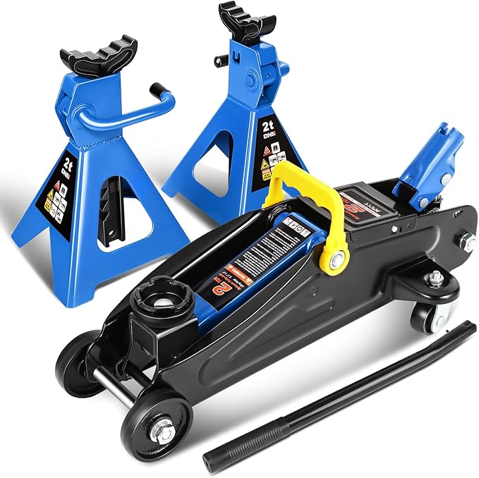 DNA MOTORING Low Profile Hydraulic Trolley Service/Floor Jack Combo with 2 Ratchet Jack Stands, 2 Ton (4000 lbs) Capacity, TOOLS-00476