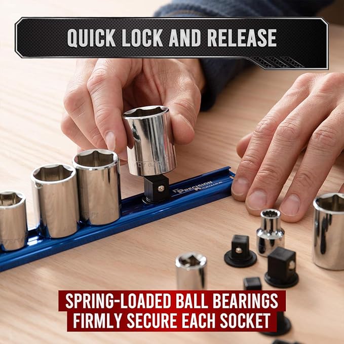 Precision Defined Aluminum Tool Socket Holder | Blue, Single 1/2-Inch Socket Organizer x 14 Clips | Heavy Duty Socket Rails Organizer, Socket Storage, Socket Tray 360 Rotation