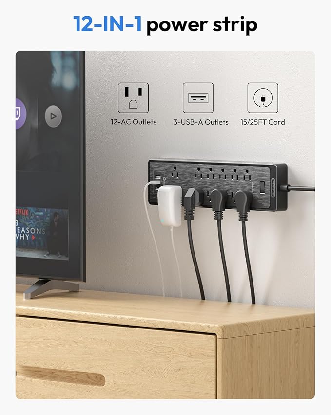 Flat Plug Extension Cord 25 Ft, NTONPOWER Surge Protector Power Strip with 12 Outlets(2 Widely Space) 3 USB, Overload Protection Switch, 2100 Joules, Wall Mount for Home Office and Workbench, Black