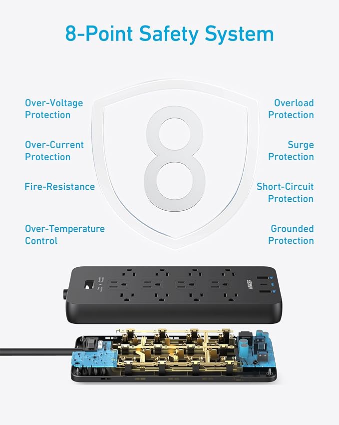 Anker (Pack of 2) Surge Protector Power Strip (2100J), 12 Outlets with 1 USB C and 2 USB Ports for iPhone 15/15 Plus/15 Pro/15 Pro Max, 5feet Extension Cord, Flat Plug, 20W for Home,Office,TUV Listed