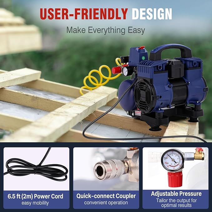 Air Compressor, 1 Gallon Ultra Quiet Portable 60 dB, 13-Second Quick Fill, 1 Gallon Compact, Oil-Free for Tire Inflation/Nail Gun/Pneumatic Tools/Cleaning in Home or Shop Projects, 1.5HP, Violet