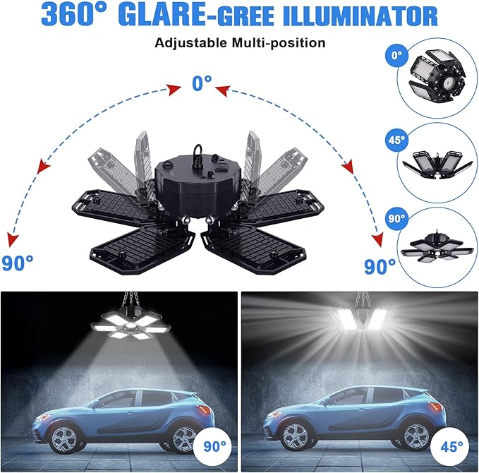 LED Garage Lights 2 Pack -180W, 18000LM 6500K Led Shop Light with 6+1 Deformable Panels, Basement Barn Light Garage Ceiling Lights, E26/E27 for Garage, Warehouse, Shop, Basement