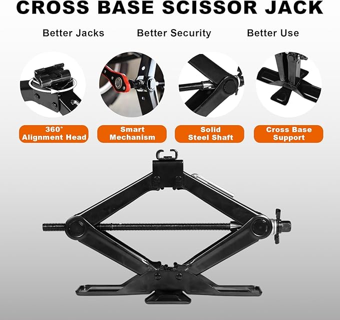 Big RED Wide Base Cross Car Scissor Jack: Steel Portable Quick Lift Tire Jacks Include Ratchet Wrench for Car, Truck, Sedans and MPV, 1.5 Ton (3,000 lbs) Capacity, Black