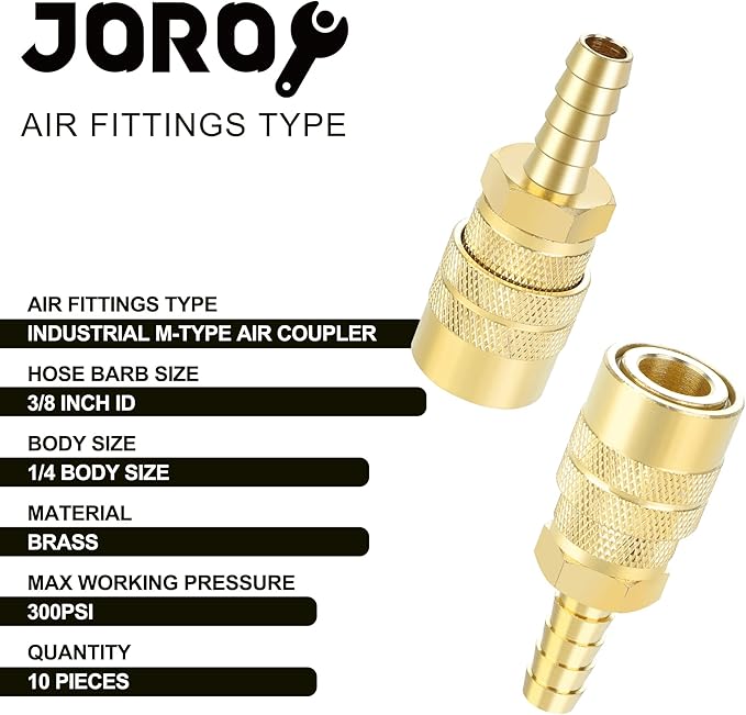 Air Coupler with 3/8 Hose Barb, Industrial M-Type, 1/4 Inch Body Size, Brass Material, 10 Pieces Air Compressor Hose Fittings