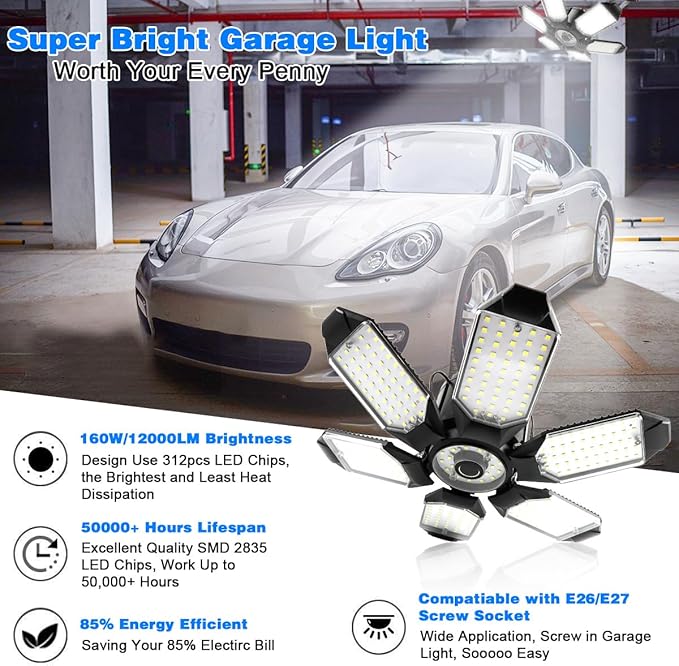 LED Garage Light - 160W LED Garage Ceiling Light 16000LM 6500K Super Bright Garage Lighting with 6 Deformable Panels Screw in Shop Light for Basement Workshop Warehouse Attic