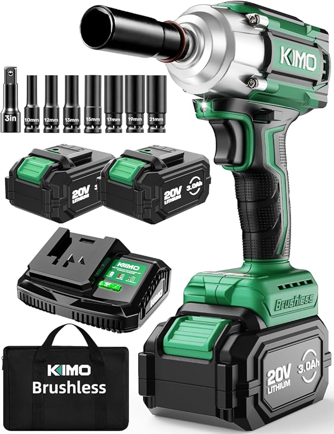 KIMO Impact Wrench 1/2 Cordless,550N.m/406ft-lbs Max Torque & 3000RPM, 2x20V 3.0Ah Battery, Impact Gun with 7 Drive Impact Sockets, 3 Inch Extension Bar, 1 Hour Fast Charger Impact Drill for Car Tires