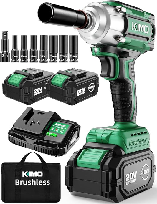 KIMO Impact Wrench 1/2 Cordless,550N.m/406ft-lbs Max Torque & 3000RPM, 2x20V 3.0Ah Battery, Impact Gun with 7 Drive Impact Sockets, 3 Inch Extension Bar, 1 Hour Fast Charger Impact Drill for Car Tires