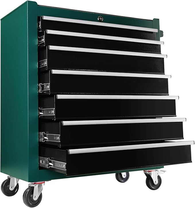 7 Drawer Metal Tool Chest 30 inch,Tool Cart On Wheels with Wheels,Mechanic Tool Cart with Lock and Toolboxes Trays for Garage Tool Storage Cabinet,Green