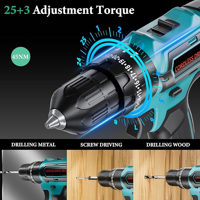 21V Cordless Drill with 2-Battery and Charger, Electric drill Set, Power Drill Cordless with 3/8 Inch Keyless Chuck, 25+ 3 Clutch,Work Light, Max torque 45Nm, 2-Variable Speed