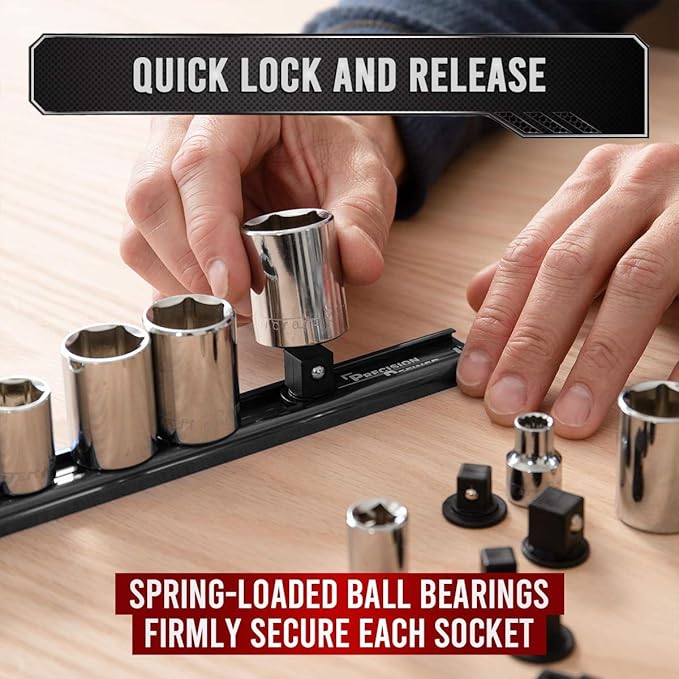 Precision Defined Aluminum Tool Socket Holder | Black, Single 3/8-Inch Socket Organizer x 16 Clips | Heavy Duty Socket Rails Organizer, Socket Storage, Socket Tray 360 Rotation