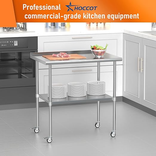 Stainless Steel Prep & Work Table with Adjustable Shelf, with Backsplash and Wheels, Kitchen Island, Commercial Workstations, Utility Table in Kitchen Garage Laundry Room Outdoor BBQ, 30" X 36"