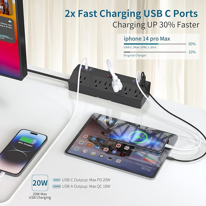 40W Fast Charging Desk Clamp Power Strip 2 PD USB C Desk Charging Station,10FT Desk Extension Cord Flat Plug with 6 AC/6 USB,Fararaka Removable Desk Surge Protector Power Strip Fits 1.8" Tabletop Edge