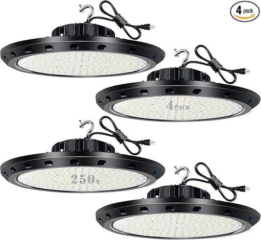 Lightdot 4Pack 250W LED High Bay Lights 37500lm (Eqv.1000W MH/HPS) UFO Shop Lights, 5000K, US Plug for 30-50FT Height