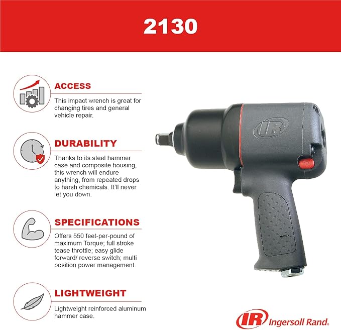 Ingersoll Rand 2130 1/2" Air Impact Wrench, 650 ft-lbs Max Torque, Heavy Duty, Pistol Grip