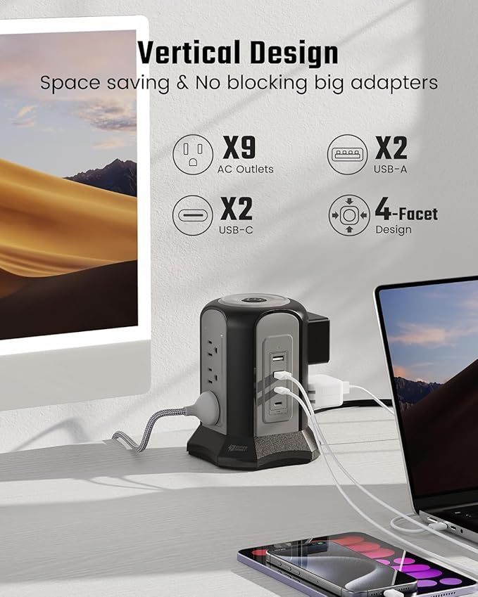Power Strip Tower Surge Protector, SUPERDANNY Desktop Charging Station, 10 Ft Extension Cord, 9 Outlets, 4 USB Ports, 1080 Joules, 3-Prong, Grounded, Multiple Protections for Home, Office, Black