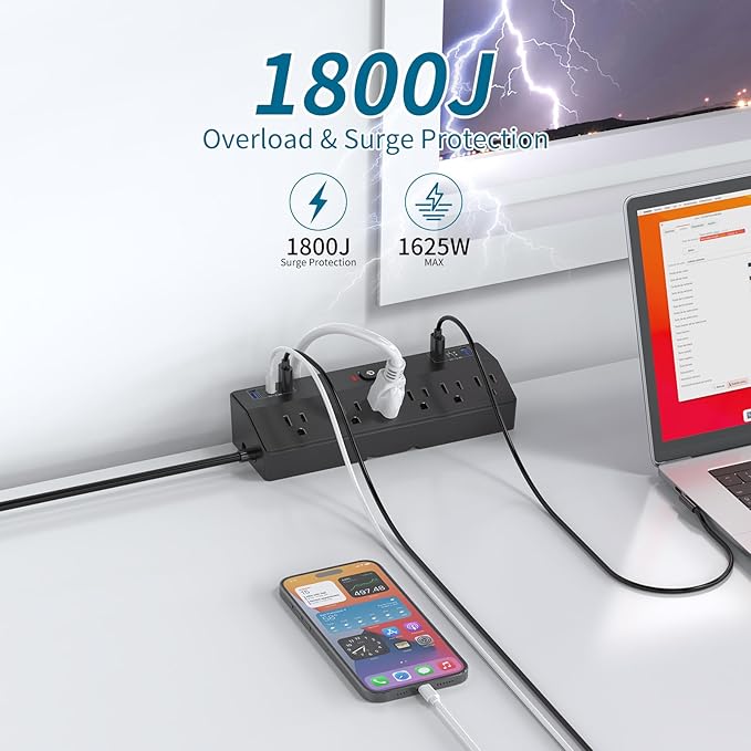 40W Fast Charging Desk Clamp Power Strip 2 PD USB C Desk Charging Station,10FT Desk Extension Cord Flat Plug with 6 AC/6 USB,Fararaka Removable Desk Surge Protector Power Strip Fits 1.8" Tabletop Edge