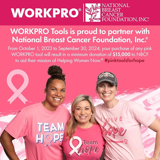 WORKPRO Pink Cordless Drill Driver Set, 12V Electric Screwdriver Driver Tool Kit, 3/8" Keyless Chuck, Charger and Storage Bag Included - Pink Ribbon