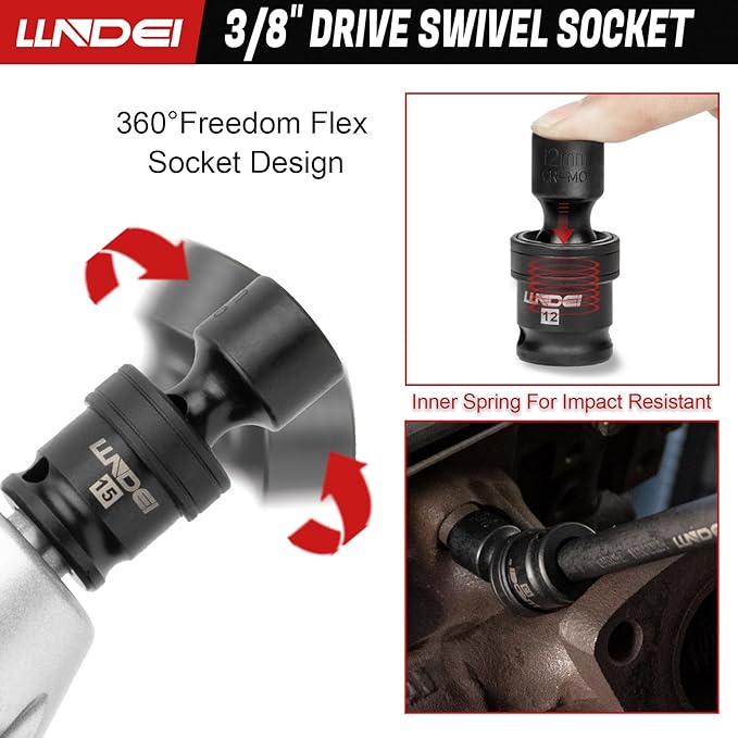 LLNDEI 3/8" Drive Universal Impact Socket Set, 19 Pieces CR-MO Swivel Socket Set, Metric(8-22mm) Wobble Sockets 6 Point with Extension Bars, Adapter and Black Organizer
