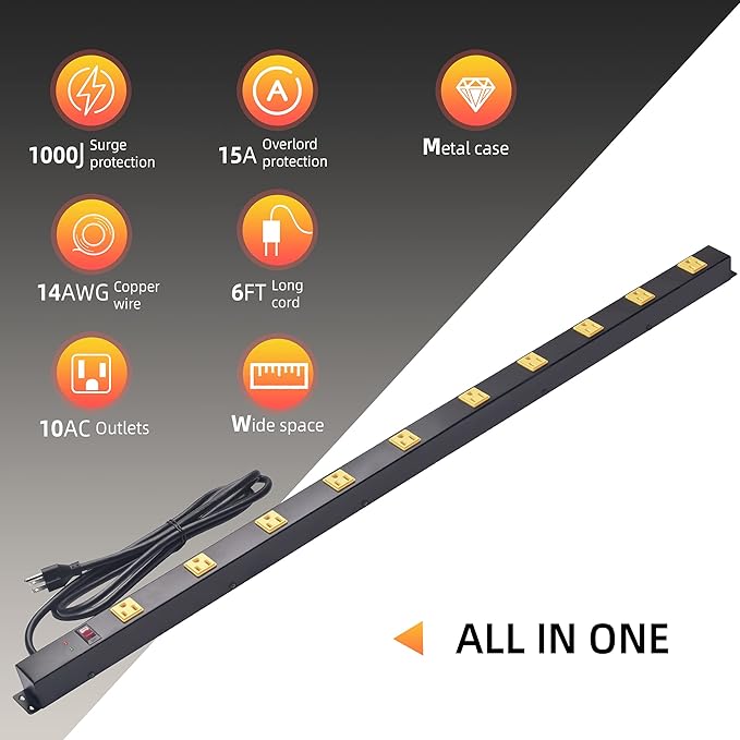 10-Outlet Heavy Duty Power Strip Surge Protector Metal Long Extension Cord 6-Foot, SGS Certified,Black(1000J)…