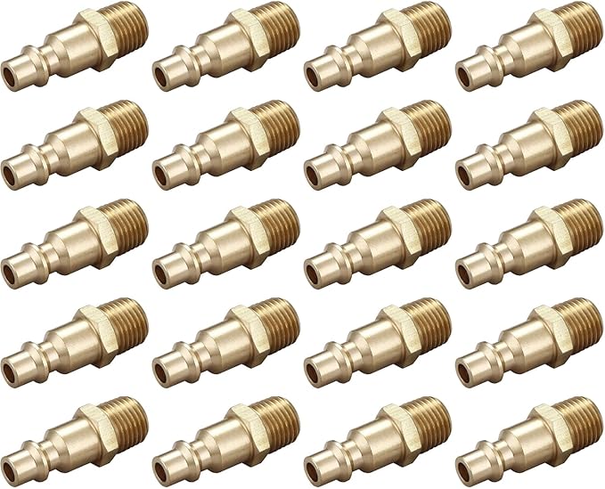 Air Hose Fittings And Quick Connect Air Fittings, 1/4 Inch NPT Brass Male Air Coupler Plug (20 Piece) Industrial Type D, Air Compressor Fittings