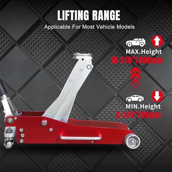 BIG RED AT830003XLR-1 Torin Low Profile Aluminum Floor Jack with Double Quick Lift Pump, 3 Ton (6,000 lb.) Capacity, Red