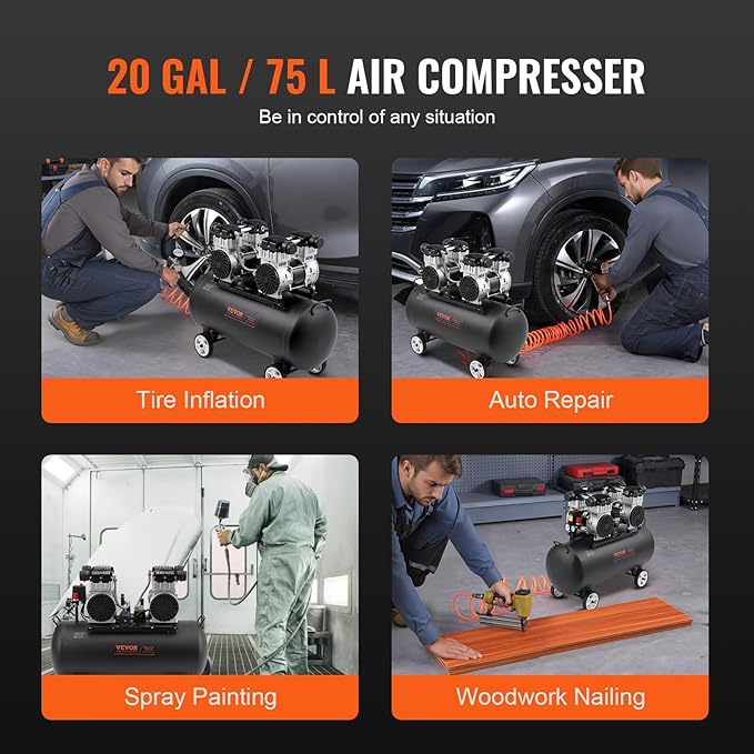VEVOR Air Compressor, 20 Gallon Steel Tank, 4HP 10.6 CFM@90 PSI Oil Free Air Compressor & Max. 125PSI Pressure, 78dB Ultra Quiet Compressor for Auto Repair, Tire Inflation, Spray Painting (220V 60Hz)