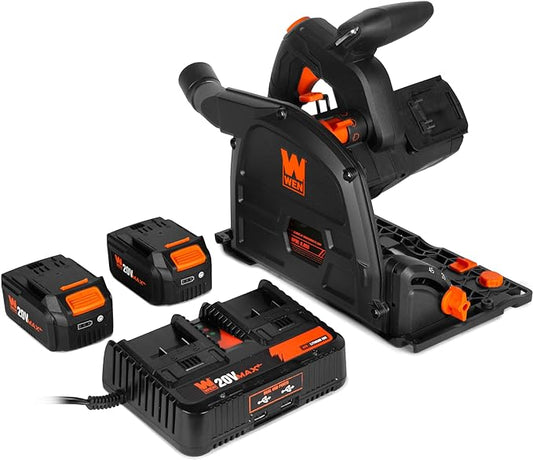 WEN Cordless 6.5-Inch Track Saw, Brushless with Variable Speed, Two 20V Max 4.0 Ah Batteries, and Charger (20691)