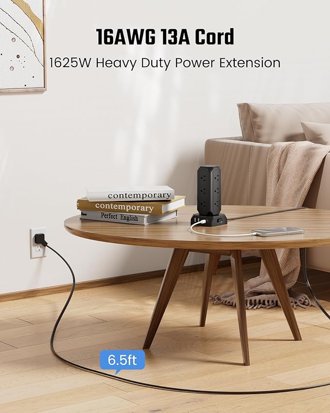 Black Power Strip Tower, SUPERDANNY 12 Outlets with 35W USB(2 USB-A & 2 USB-C) Charging Station, 1625W/13A, 1700J Surge Protector, 6.5ft Flat Plug Extension Cord with Multiple Outlets for Home, Office