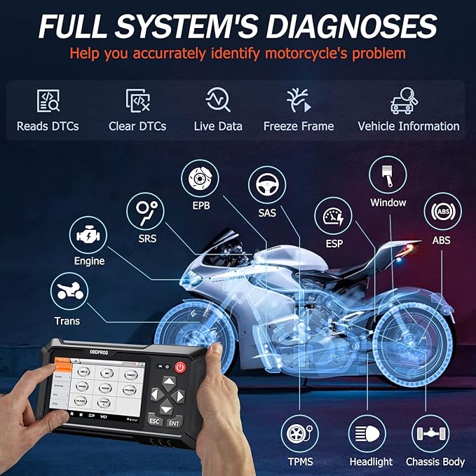 OBDPROG Moto 100 Motorcycle Scanner, Motorcycle All System Diagnostic Tool for Ducati KTM Triumph Yamaha Honda Automotive OBD Code Reader, 30+ Services Reset, Unlimited Auto VINs, 5.0 Touch Screen