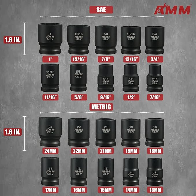 AMM 1/2" Drive Master Impact Socket Set, 24-Piece Shallow Standard SAE (7/16-Inch to 1-Inch) & Metric (13-24 mm) Sizes, Socket Assortment with Ratchet Handle | Cr-V Steel