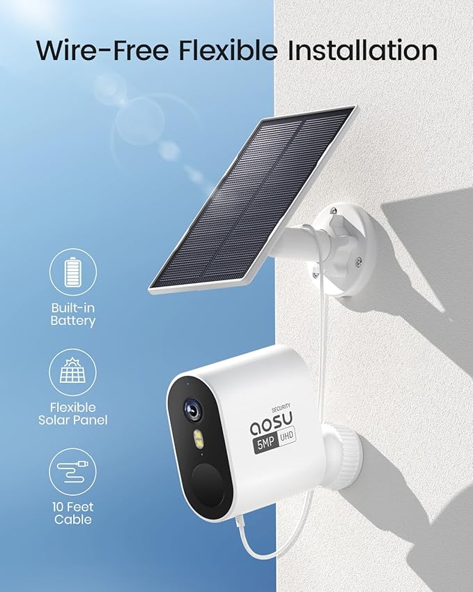 AOSU Add-on Cam, 3K/5MP Solar Security Camera Wireless Outdoor, Requires SolarCam/WirelessCam System's Homebase (NOT Doorbell Homebase)