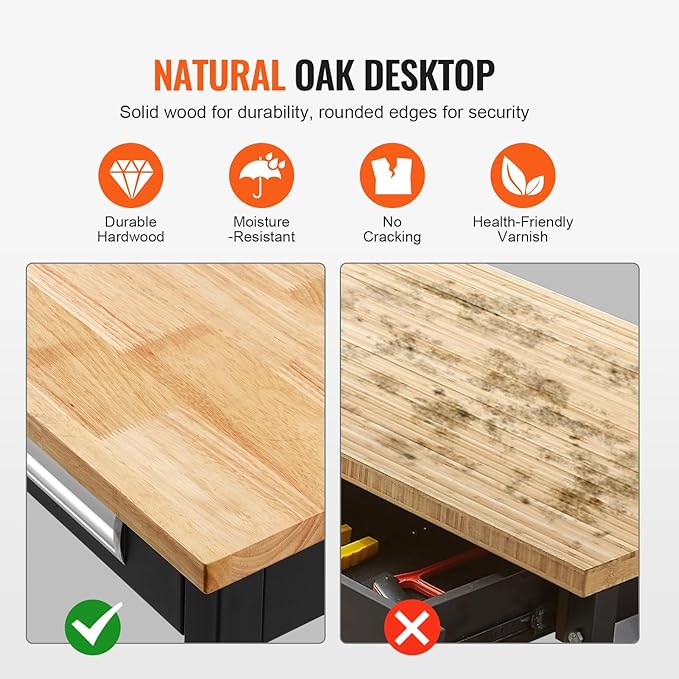 VEVOR 48" Workbench, 1500 lbs Load Capacity, Work Bench with Sliding Drawer Storage and Wheels, Rolling Workbench on Wheels, Heavy Duty Oak Wood Top Work Table for Garage, Workshop, Office, and Home