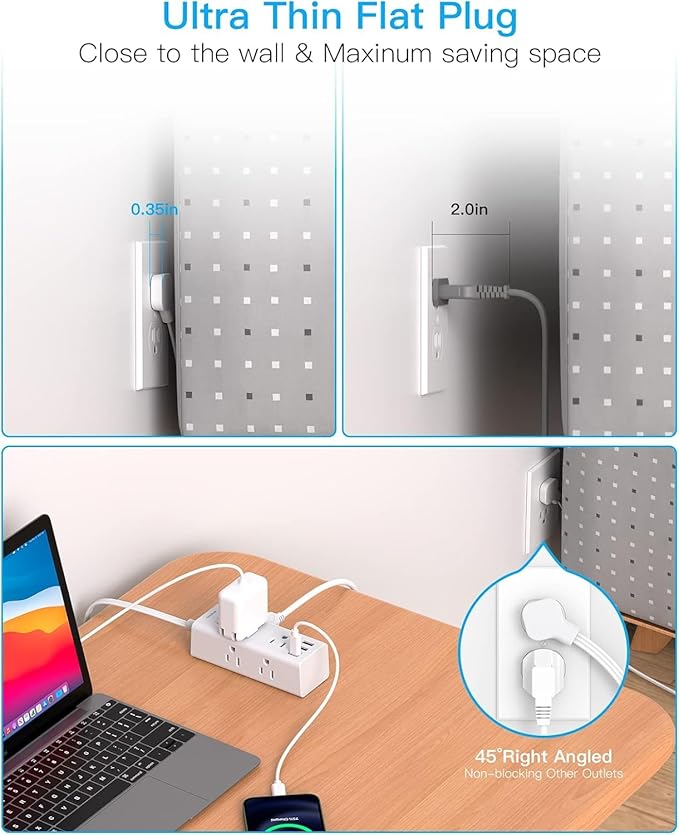 5Ft Extension Cord with Multiple Outlets, Flat Plug Power Strip Surge Protector with 5 Ft Long Cord, 6 Outlet 3 USB Ports (1 USB C), Multi Outlet Wall Plug for Travel, College, Dorm Room Essentials