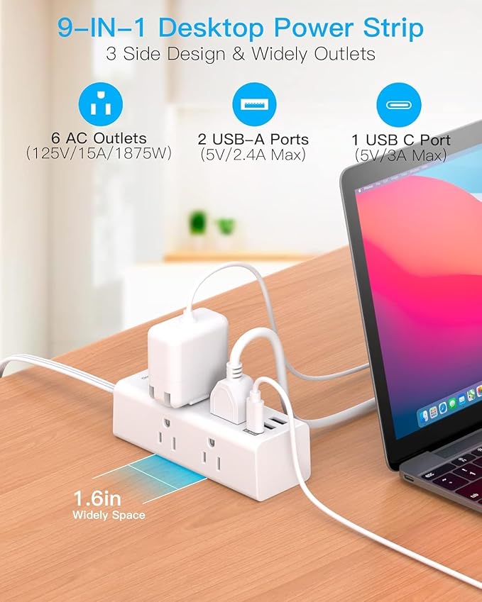 5Ft Extension Cord with Multiple Outlets, Flat Plug Power Strip Surge Protector with 5 Ft Long Cord, 6 Outlet 3 USB Ports (1 USB C), Multi Outlet Wall Plug for Travel, College, Dorm Room Essentials