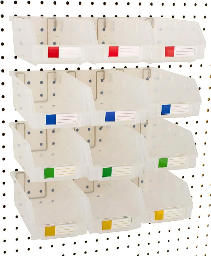 Pegboard Bins – 12 Pack Clear Extra Large - Hooks to Any Peg Board - Organize Hardware, Accessories, Attachments, Workbench, Garage Storage, Craft Room, Tool Shed, Hobby Supplies, Parts