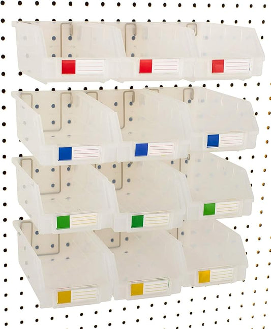 Pegboard Bins – 12 Pack Clear Extra Large - Hooks to Any Peg Board - Organize Hardware, Accessories, Attachments, Workbench, Garage Storage, Craft Room, Tool Shed, Hobby Supplies, Parts
